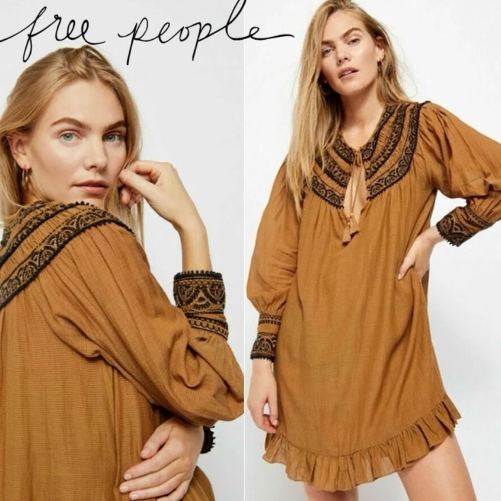 Free‎ People Size M Erin Embroidered Boho Mini Dress Lace Ruffle Cotton Neutral - Picture 2 of 7